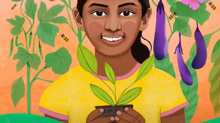Illustration of girl with brown skin holding a plant