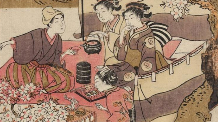 Drawn depiction of Asian people in traditional clothing.
